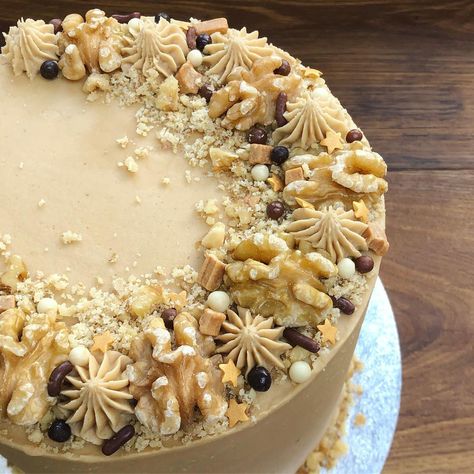 A pre birthday ‘Coffee & Walnut Birthday Cake’ for hubby that was shared with friends yesterday! It’s the only cake he really likes so he’s… Coffee Walnut Cake Decoration, Coffee Cake Decoration, Coffee Walnut Cake, Cake Decoration Ideas, Coffee And Walnut Cake, 50th Cake, Walnut Cake, Birthday Coffee, Cake Business