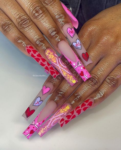 Valentines Theme Nails, Anti Valentine Nails, Valentine’s Day Nails, Y2k Valentines Nails, Long Valentines Day Nails, Anti Valentines Day Nails, Valentines Nail Set, Detailed Nails, Xxl Nails