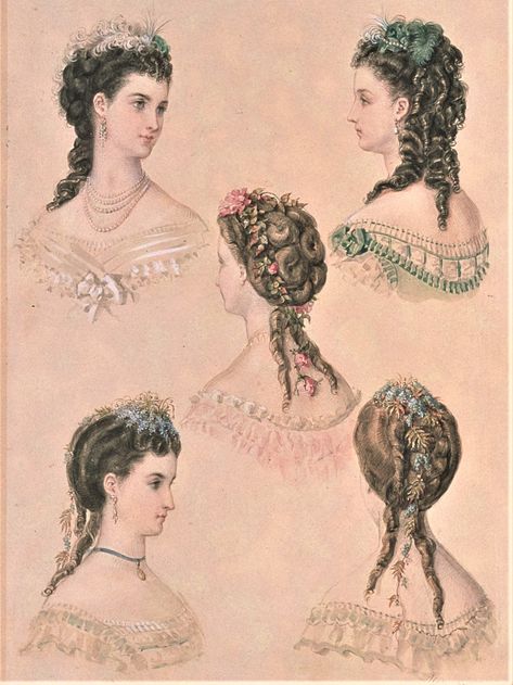 1869 Fashion Plate, 1860s Hairstyles, 19th Century Hairstyles, Hair Plates, 1870 Fashion, Rococo Era, 1860s Fashion, Gaun Abad Pertengahan, Victorian Vampire