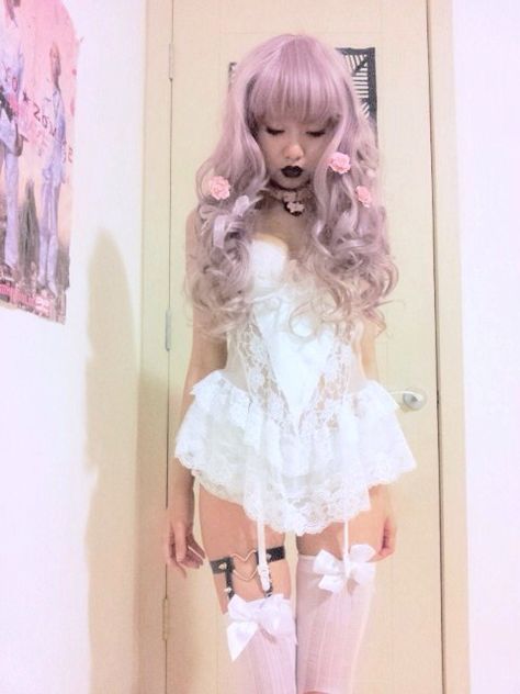 This outfit spells sexy Pastel Goth Makeup, Bubble Goth, Pastel Punk, Pastel Grunge, Mineral Makeup, Thigh High Socks, White Lingerie, Pretty Lingerie