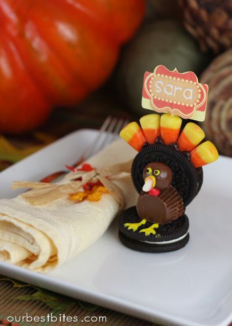 Oreo Turkeys and Cookie Pilgrim Hats | Our Best Bites Cake Pops Brownie, Thanksgiving Table Settings Centerpieces, Oreo Turkey, Candy Turkeys, Thanksgiving Table Settings Elegant, Thanksgiving Table Settings Simple, Place Settings Thanksgiving, Turkey Cookies, Thanksgiving Place Cards