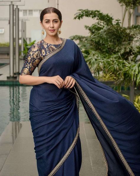 nikki galrani in a navy blue georgette saree with brocade blouse Saree Navy Blue, Alternative Fashion Grunge, Blue Sari, Navy Blue Saree, Blue Blouse Designs, Blue Silk Saree, Sarees For Girls, Brocade Blouse, Bridal Lehenga Red