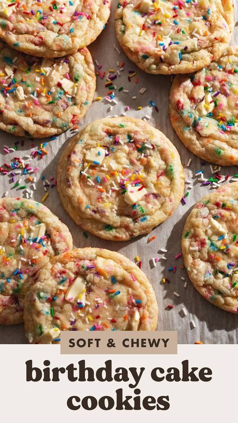 These soft and chewy birthday cake cookies are full of white chocolate and rainbow sprinkles. They're made with clear vanilla extract for that classic birthday cake flavour in cookie form! Classic Birthday Cake, Birthday Cake Cookies, Classic Birthday, Make Birthday Cake, Family Snacks, Birthday Cake Flavors, Birthday Baking, Cookie Cake Birthday, Cookie Business