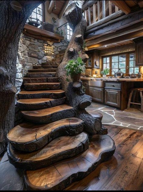 Log Staircase, Log Stairs, Tree Stairs, Amazing Staircases, Log Cabin Interior, Stairs Architecture, Dream Life House, Rustic Home Design, Barn Style House