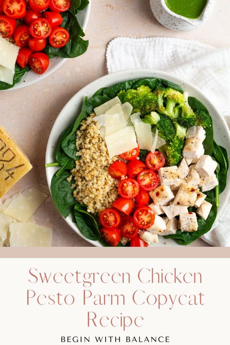 This recipe is our simplified version of the Sweetgreen Chicken Pesto Parm bowl. It features baby spinach topped with warm quinoa, roasted chicken, spicy broccoli, cherry tomatoes, shaved parmesan, and your favorite breadcrumbs or croutons. Chicken Pesto Parm Sweetgreen Recipe, Sweetgreen Chicken Pesto Parm Recipe, Sweetgreen Recipe, Pesto Bowl, Pesto Vinaigrette, Spicy Broccoli, Chicken Broccoli Cheese, Basil Bread, Shaved Parmesan