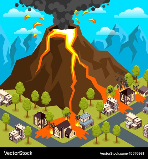 Volcanic Eruption Illustration, Natural Disasters Art, Burning House, 3d Isometric, Volcanic Eruption, Waves Logo, Natural Disaster, Natural Disasters, High Res