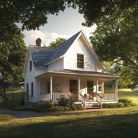 Discover the charm of village life with this picturesque two-story house! 🏡✨ The off-white exterior, cozy front porch, and lush green surroundings create a perfect escape from the everyday hustle. 🌿🌞 Embrace the warmth and tranquility of a home bathed in soft afternoon light. 💫💕 From its rustic charm to its traditional design, this house is the epitome of peaceful living. 🛋️🏞️ #CountryLiving #VillageHouse #RusticCharm #CozyHome #PeacefulRetreat #TraditionalDesign #HomeSweetHome #Countrysi... Old Style Country Homes, Cute House With Porch, Wrap Around Porch Small House, Small White Country House, White House With Wrap Around Porch, Old Victorian House Exterior, Small House With Wrap Around Porch, Ranch House Porch, White House’s