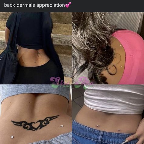 Derma Piercing, Back Percinings, Lower Back Dermal Piercing, Back Dermal Piercing With Spine Tattoo, Lower Back Dimple Percinings, Back Dermals And Tattoo, Unique Dermal Piercing, Back Dermal Piercing, Dermal Pericing Back