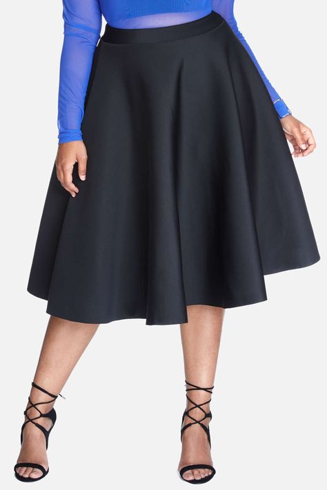 Plus Size Super Scuba Flare Midi Skirt Flare Skirts, Skirt And Blouse Styles, Flare Midi Skirt, Real Women Fashion, Scuba Skirt, Flowing Blouse, Midi Flare Skirt, Fashion To Figure, Embellished Jeans