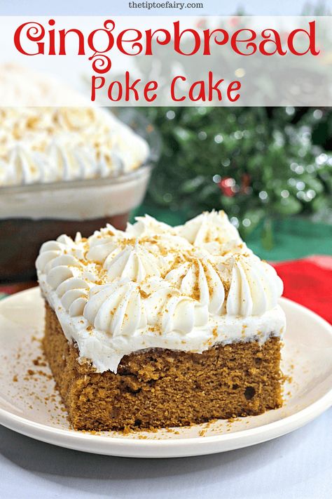 This Gingerbread Poke Cake is a delicious holiday treat perfect for the dessert table. It's an easy recipe that starts with a Spice Cake box mix. #cake #easyrecipes #holidaydesserts #christmasdessets #gingerbread #cakerecipes Gingerbread Cake From Box Cake, Gingerbread Cake Mix Ideas, Spice Box Cake Recipes, Gingerbread Poke Cake Recipe, Gingerbread Box Mix Recipes, Desserts With Spice Cake Mix Boxes, Gingerbread Desserts Easy, Gingerbread Cake Mix Recipes, Recipes Using Spice Cake Mix Boxes