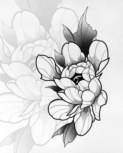 Peony Tattoo Dotwork, Bold Linework Tattoo, Ornamental Rose Tattoo, Peony Neotraditional Tattoo, Chrsanthym Tattoo, Flower Tattoo Linework, Flower Flash Sheet, Neo Traditional Peony, Neo Traditional Flowers