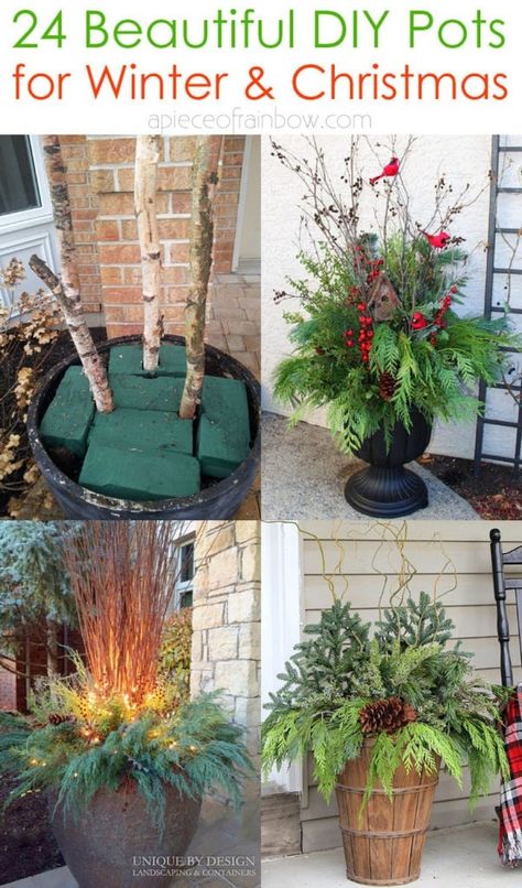 24 Colorful Outdoor Planters for Winter & Christmas Decorations - A Piece Of Rainbow Porch Pot Ideas, Christmas Planters Diy, Winter Christmas Decorations, Christmas Urns, Outdoor Christmas Planters, Holiday Planter, Winter Planter, Diy Front Porch, Christmas Pots