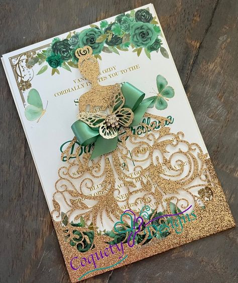 Green Invites, Green Quinceanera Theme, Tiana Wedding, Princess Tiana Birthday Party, Quince Party, Tiana Birthday Party, Princess Sweet 16, Butterfly Invitation, Quince Themes