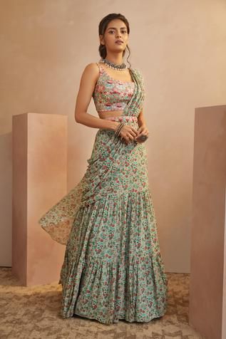 Shop for Aneesh Agarwaal Green Georgette Floral Print Pre-draped Saree With Blouse for Women Online at Aza Fashions Green Drapes, Draped Saree, Mirror Embroidery, New Saree Blouse Designs, Lehenga Designs Simple, Drape Saree, New Address, Green Saree, Unique Blouse