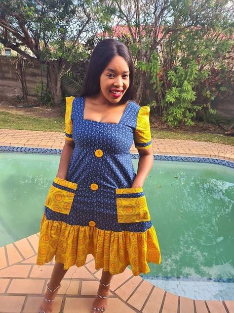 Seshweshwe Dresses Design African Style, Modern South African Traditional Dresses, Seshweshwe Dresses, Sotho Traditional Dresses, Pedi Traditional Attire, South African Traditional Dresses, African Designers, African Traditional Wear, Shweshwe Dresses