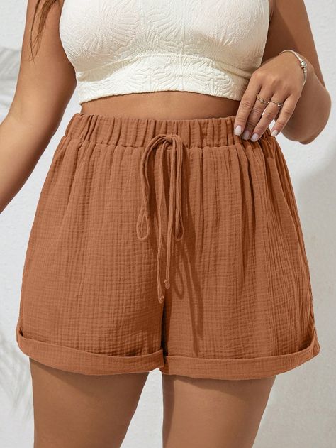 Plus Tie Waist Roll Up Hem Summer Brown Shorts Khaki    Woven Fabric  Wide Leg Slight Stretch  Women Plus Clothing, size features are:Bust: ,Length: ,Sleeve Length: Summer Brown, Brown Shorts, Plus Size Shorts, Roll Up, Eos, Plus Clothing, Woven Fabric, Length Sleeve, Wide Leg