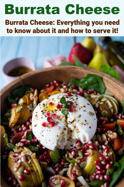 Everything you need to know about Burrata cheese and an easy way to serve Burrata cheese recipe over a salad! How To Serve Burrata, Burrata Cheese Salad, Buratta Board, Meals With Burrata Cheese, Buratta Salad Ideas, Burrata Cheese Recipes, Barata Cheese Recipe, Barata Salad, Buratta Cheese Recipe