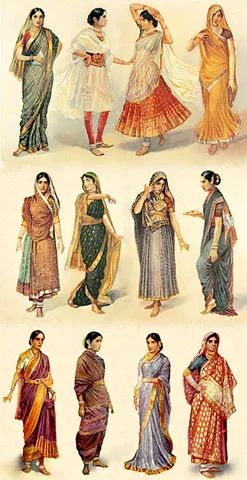 Women traditionally wore  various types of regional handloom saris made of silk and cotton textiles, decorated using traditional ikat, block-print, embroidery and  bandhani techniques.   With its ability to be both cooling in summer and warming in winter the sari developed to be a most suitable and adaptable garment.  See more on our BLOG Ancient Indian Clothing, Indian Clothes Women, Art Nouveau Dress, Navratri Dress, Colorful Textiles, Old Fashion Dresses, Ancient India, Indian Fabric, Indian Clothing