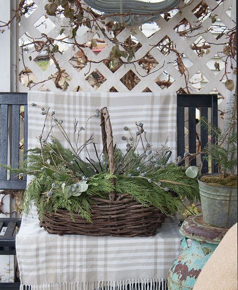 Small Front Porch Christmas Decorations - The Honeycomb Home Front Porch Christmas Decorations, Porch Christmas Decorations, Small Front Porch Christmas, Christmas Lights Outside, White Pine Tree, Small Front Porch, Wooden Welcome Signs, Christmas Front Porch, Porch Flooring