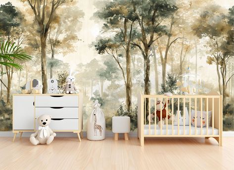 Woodland Wall Mural Forest Wallpaper: Immerse yourself in the serene beauty of a woodland forest with our high-quality wallpapers. Peel and Stick: Our Woodland Wall Mural Forest Wallpaper comes in a user-friendly peel and stick format. It works like a big sticker - peel off the backside and attach it to the surface! Customers can install it without professional help, making it a perfect choice for DIY enthusiasts looking for an easy and quick room transformation. Prepasted Non-Woven Wallpaper: T Baby Nursery Woodland Theme, Woodland Wall Mural, Forest Kids Room, Wall Mural Forest, Boy And Girl Shared Room, Woodland Wallpaper, Forest Mural, Wallpaper Kids, Woodland Wall