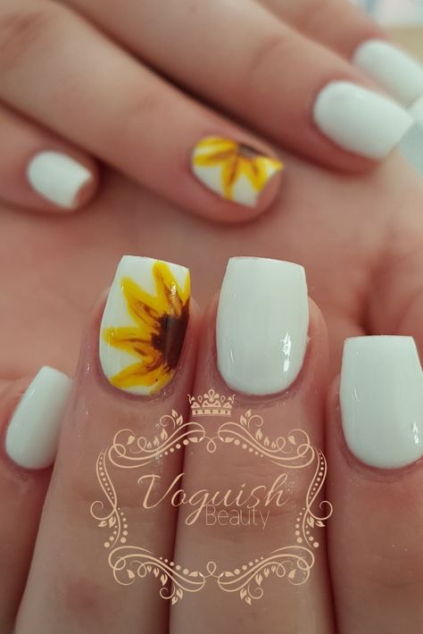 White nails with hand painted sunflower feature nail Wedding Nails For Bride Sunflower, Sunflower Gel Nails Short, Sunflower Nails Wedding, Sunflower Wedding Nails The Bride, White Nails With Sunflower Design, White Nails With Sunflower, White Sunflower Nails, Sunflower Nails Design Short, Sunflower Wedding Nails