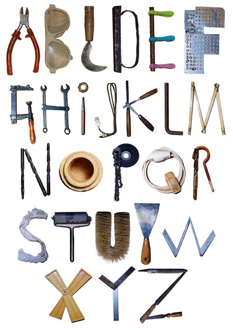 ABC - Tools on Behance Alphabet Objects Design, Mechanical Alphabet, Letter Art Alphabet, Building Tools Illustration, Alphabet Illustration Typography, Tools Illustration, Wood Typography, Workshop Tools, Scrapbooking Retreats