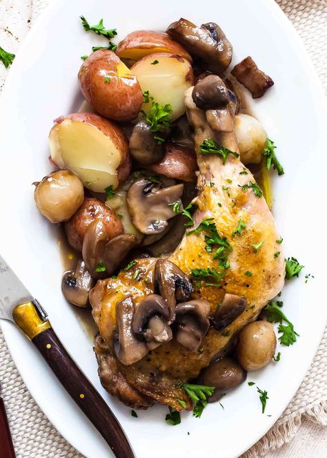 Classic French Coq au Vin! Stewed chicken with bacon, mushrooms, and pearl onions. #chickendinner #chicken #dinner #glutenfree Braising Liquid, Braised Dishes, Coq Au Vin Recipe, Recipes Winter, Stewed Chicken, French Foods, Stew Chicken, Moscato Wine, Stew Chicken Recipe