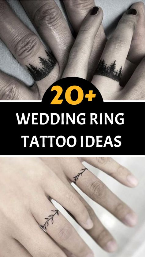 Explore our detailed handbook showcasing innovative wedding ring tattoo suggestions! For those seeking a distinctive and heartfelt departure from conventional wedding bands, this guide is for you. Marriage Ring Tattoos, Wedding Ring Tattoo For Men, Couple Ring Finger Tattoos, Wedding Ring Tattoo Ideas, Wedding Band Tattoos, Ring Tattoo Ideas, Him And Her Tattoos, Ring Tattoo Designs, Band Tattoos For Men