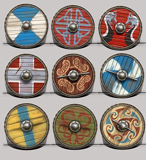 Viking shields, Mikael Lav~. on ArtStation at https://www.artstation.com/artwork/8ZyPq For Honor Viking, Viking Shield Design, Shield Template, Escudo Viking, Viking Shields, Viking Party, Arte Viking, Viking Longship, Viking Pattern