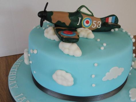 Spitfire plane cake. - cake by Karen's Cakes And Bakes. Fondant Clouds, Planes Birthday Cake, Plane Cake, Spitfire Plane, Planes Birthday, Buttercream Filling, Airplane Party, Victoria Sponge, Raspberry Jam