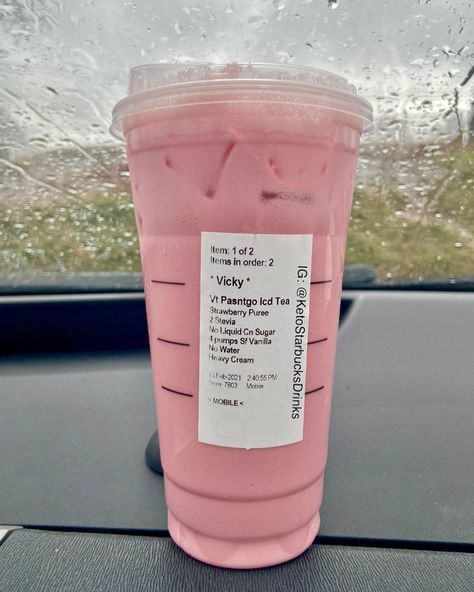 Keto Starbucks Drinks 🍵 on Instagram: “Pink Drink with Strawberry Purée ❤️ The best low carb pink drink is the actual most perfect drink for Valentine’s Day! 💗💖💝…” Pink Drink Starbucks Recipe, Strawberry Purée, Pink Drink Starbucks, Starbucks Drink Menu, Cream Cold Foam, Sugar Free Vanilla Syrup, Drink Starbucks, Valentine Drinks, Starbucks Secret Menu Recipes