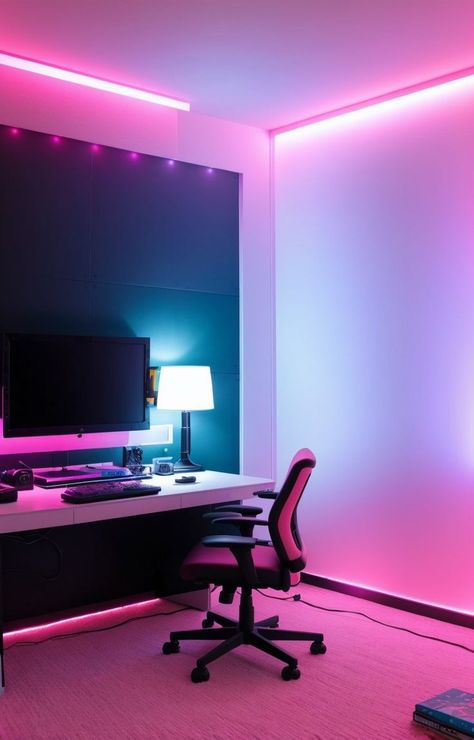 Pink Gamer Bedroom, Gamer Bedroom Aesthetic, Gaming Console Storage, Gamer Bedroom, Bedroom Vibes, Pink Games, Console Storage, Pink Chair, Gaming Desk