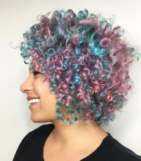 Short Curly Pastel Teal And Pink Hair Loced Hair, Co Washing, Curly Color, Cotton Candy Hair, Vivid Hair Color, Candy Hair, Hair Color Pastel, Lavender Hair, Bright Hair