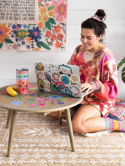 This Little Wooden Table is so cute & functional! It features a pretty floral design on the top and looks so cute in your living room, bedroom or patio and makes a great little coffee table! We love using big comfy pillows to sit on around it with our family & friends to snack, work or play cards… it makes the Conversation Table, Colorful Boho Home, Play Cards, Bright Decor, Tapestry Blanket, Comfy Pillows, Wooden Table Top, Boho Throw Pillows, Tapestry Pillow