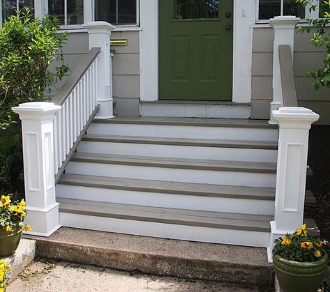 wider steps, simple columns/railing, nice colors...maybe for our home? Front Porch Stairs, Stair Newel Post, Veranda Design, Front Porch Railings, Cottage Makeover, Front Porch Steps, Porch Stairs, Front Door Steps, Front Stairs