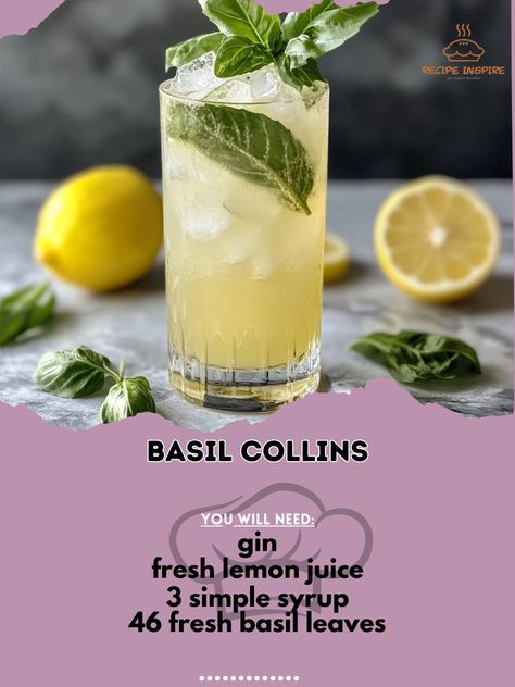 🌿✨ Elevate your cocktail game with the refreshing Basil Collins! 🍃🍹 Basil Collins Ingredients: - 2 oz gin - 1 oz fresh lemon juice - 3/4 oz simple syrup - 4-6 fresh basil leaves - Club soda - Ice Instructions: 1. In a shaker, muddle basil leaves with simple syrup. 2. Add gin, lemon juice, and ice. Shake well. 3. Strain into a glass filled with ice. 4. Top with club soda and stir gently. 5. Garnish with a basil leaf. Enjoy! 🍋 Sip on the Basil Collins for a burst of flavor! #Mixology #Cockt... Gin Lemon, Basil Leaf, Club Soda, Basil Leaves, Fresh Basil, Fresh Lemon Juice, Simple Syrup, Mixology, Lemon Juice