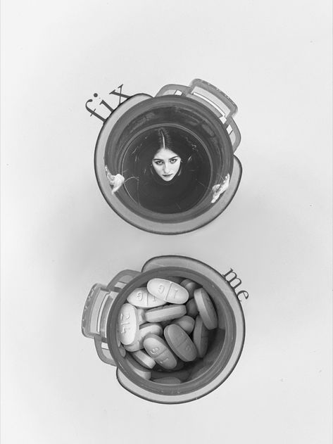 black and white photo of a girl trapped in an empty medicine bottle with another full medicine bottle across from the empty one. girl trapped art, girl in medicine bottle, addiction artwork, medicine bottle artwork, photoshop edit, black and white artwork, mental health awareness artwork, creative photography, creative artwork, Sustained Investigation Ideas, Photography Meaningful, Epq Ideas, Medicine Photography, Awareness Artwork, Mental Health Photography, Emotionalism Art, Powerful Photography, Podcast Logos