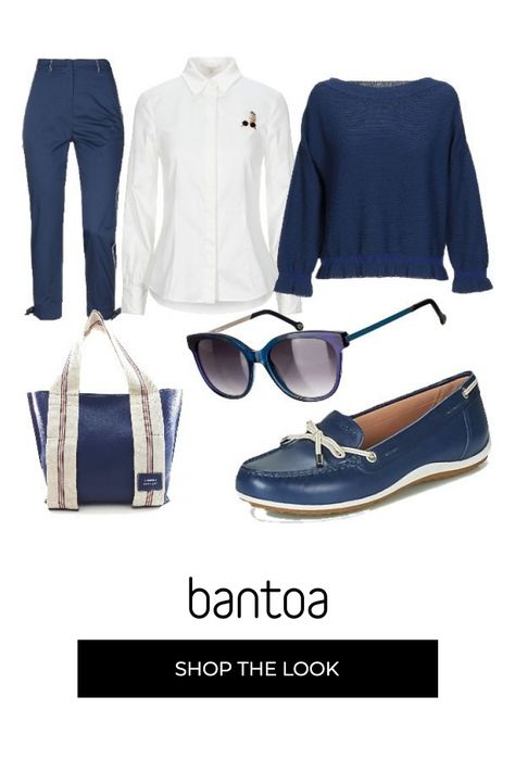 Pantalones capri con nudo en el bajo y línea blanca en el lateral; camisa blanca básicca; jersey de punto con fruncido en bajo y puños; mocasines tipo naúticos; bolso shopper y gafas de sol en azul. Basic Closet, Outfit Mujer, Calendar Printables, Coastal Style, Outfits Casuales, Blue Shoes, Casual Jeans, Boho Chic, Women's Fashion