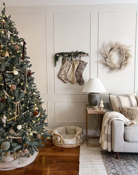 Christmas Stocking Hanging Ideas, Stocking Hanging Ideas, Neutral Christmas Decor Ideas, Christmas Tree Village, Silver Color Scheme, Hanging Ideas, Neutral Christmas Decor, Neutral Christmas, Neutral Paint Color