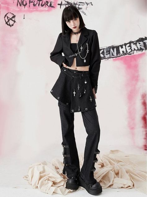 web: Devil Inspired Devil Inspired Outfit, Kawaii Pants, Devil Inspired, Denim Short Skirt, Choker Design, Choker Designs, Flared Pants, Denim Flares, Cropped Jacket