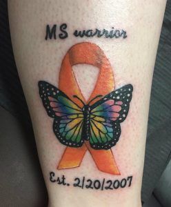 Orange Ribbon Tattoo, Ribbon Tattoo Designs, Multiple Sclerosis Tattoo, Ms Ribbon, Ms Warrior, Multiple Sclerosis Awareness, Ribbon Tattoos, Tattoo Designs For Girls, Orange Ribbon