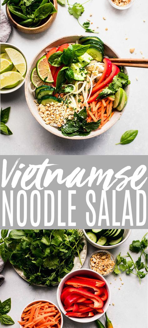 This Vietnamese Noodle Salad features rice noodles dressed in a tangy vietnamese rice vinegar dressing. Serve this vegetarian salad on its own, or top it with a protein like pork, shrimp, or chicken. // cold // dressing // vegetarian // fresh and easy Rice Vinegar Dressing, Vietnamese Noodle Salad, Vermicelli Salad, Asian Salad Recipe, Vermicelli Recipes, Vietnamese Rice, Rice Noodle Salad, Vietnamese Noodles, Chicken Salad Recipe Easy