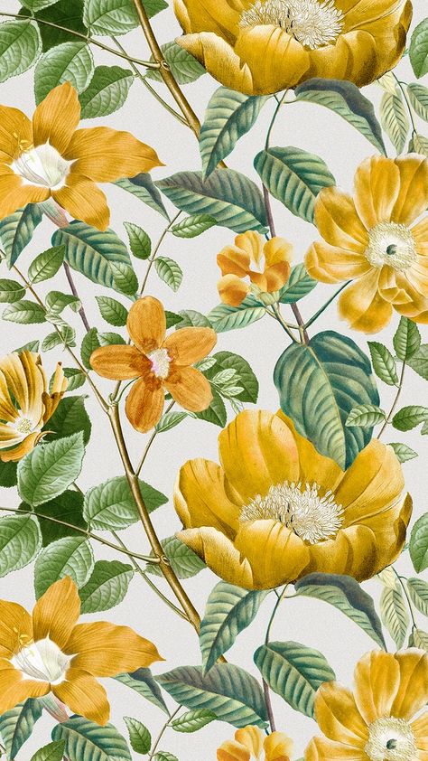 Yellow flower pattern mobile wallpaper, vintage botanical background, remix from the artworks of Pierre Joseph Redouté | premium image by rawpixel.com / pangrum Botanical Background, Flower Seamless Pattern, Vintage Floral Backgrounds, Flower Print Pattern, Floral Pattern Wallpaper, Floral Logo Design, Antique Wallpaper, Vintage Flowers Wallpaper, Flower Drawing Design