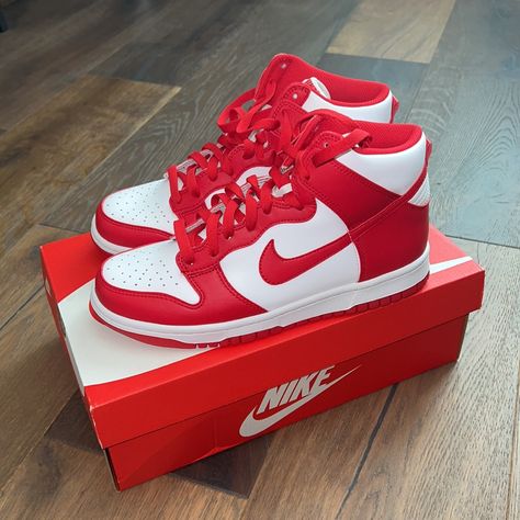 Nike Dunk High Red Deadstock Size 7 Gs/ 8.5 Womens Brand New In Box And Never Worn Or Tried Nike Shoes Red And White, Red And White Nike Dunks Outfit, Red And White Nike Shoes, Red Shoes Nike, Red Shoes Aesthetic, Red Nike Dunks, Nike High Dunks, All Red Nike Shoes, Cute Red Shoes