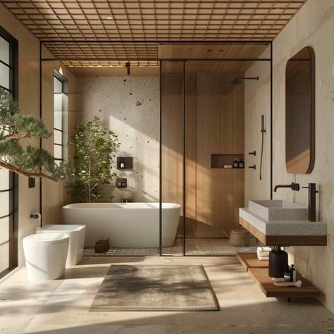 29 Bathroom Ideas Showcase the Understated Beauty of Japandi Design (Concept Interiors) Modern Minimalist Scandinavian Interior, Cozy Scandinavian Bathroom, Japanese Bathroom Aesthetic, Japandi Washroom, Master Toilet Design Modern, Natural Bathrooms, Japandi Toilet, Bathroom Tub Ideas, Modern Japanese Bathroom