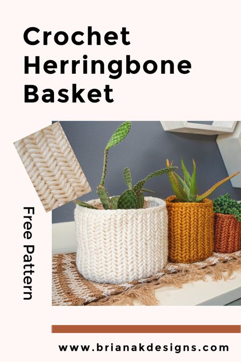 These Herringbone Crochet Baskets can also be a plant cozy by merely omitting the plant base. Not having the bottom can be helpful if your plant sits on a water tray. And don’t be afraid to play with sizing. The crochet basket pattern is very flexible to fit your needs. I also think this makes a cute storage basket for any room in the house and is a textured & soft home decor piece. #crochet #crochetpattern #freecrochet #crochetfree #crochetbasket Crochet Herringbone, Plant Cozy, Cottage Crochet, Scrap Crochet, Spring Crochet, Knitting Crafts, Crochet Basket Pattern Free, Crochet Storage Baskets, Basket Crochet