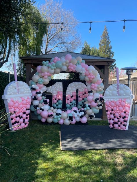 Boba Party Ideas, Boba Tea Decor, Boba Tea Balloon, Boba Party Backdrop, Cute Boba Shop Interior, Boba Party Theme, Boba Balloon, Boba Tea Birthday Party Decorations, Boba Birthday Party