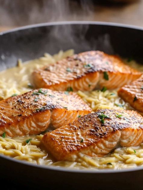 30-Minute Seared Salmon with Lemon Orzo - Cocina Republic Salmon Orzo Recipe, Salmon And Orzo, Orzo Dishes, Salmon With Lemon, Lemon Orzo, Orzo Recipes, Skillet Dishes, Lemon Salmon, Salmon Seasoning