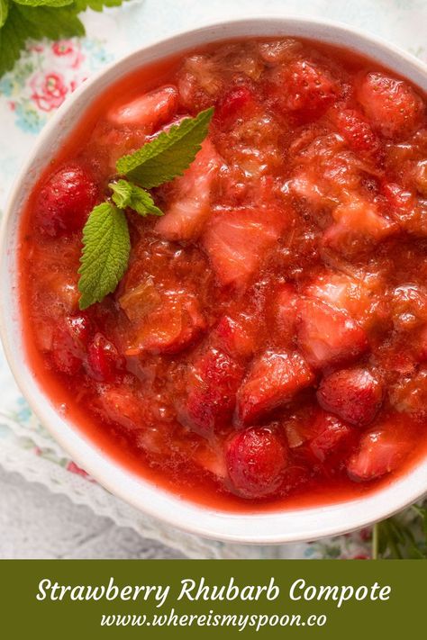 Strawberry Rhubarb Compote! This vibrant and versatile recipe truly celebrates the season, combining two classic flavors in just one simple dish. #whereismyspoon #strawberryrhubarbcompote #rhubarbstrawberrycompote #strawberryrhubarbsauce #rhubarbstrawberrysauce #stewedrhubarbstrawberries #stewedrhubarb #rhubarbsauce #rhubarbdessert #strawberrysauce #strawberrydessert #rhubarbrecipes Rhubarb And Apple Crumble, Baked Fruit Desserts, Fruit Deserts, Strawberry Rhubarb Sauce, Apricot Dessert, Strawberry Rhubarb Compote, Roasted Pears, Artistic Food, Rhubarb Sauce