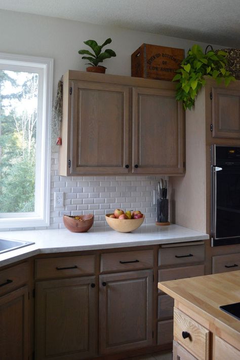 Toning Oak Kitchen Cabinets, Briarsmoke Stain Cabinets, Whitewash Maple Cabinets, Refinishing Wood Cabinets, Refinishing Maple Cabinets, Refinishing Oak Cabinets, Farmhouse Facelift, Restaining Kitchen Cabinets, Refurbished Kitchen Cabinets